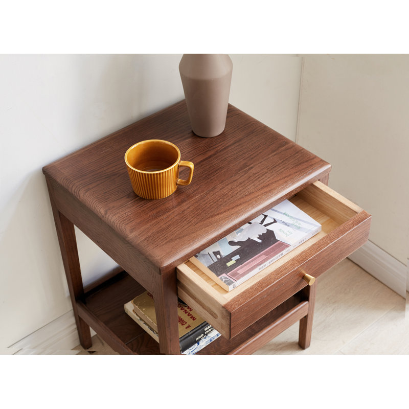 Table de chevet basse et étroite en chêne massif 19 po avec tiroir et tablette, Individuel, Chêne brun