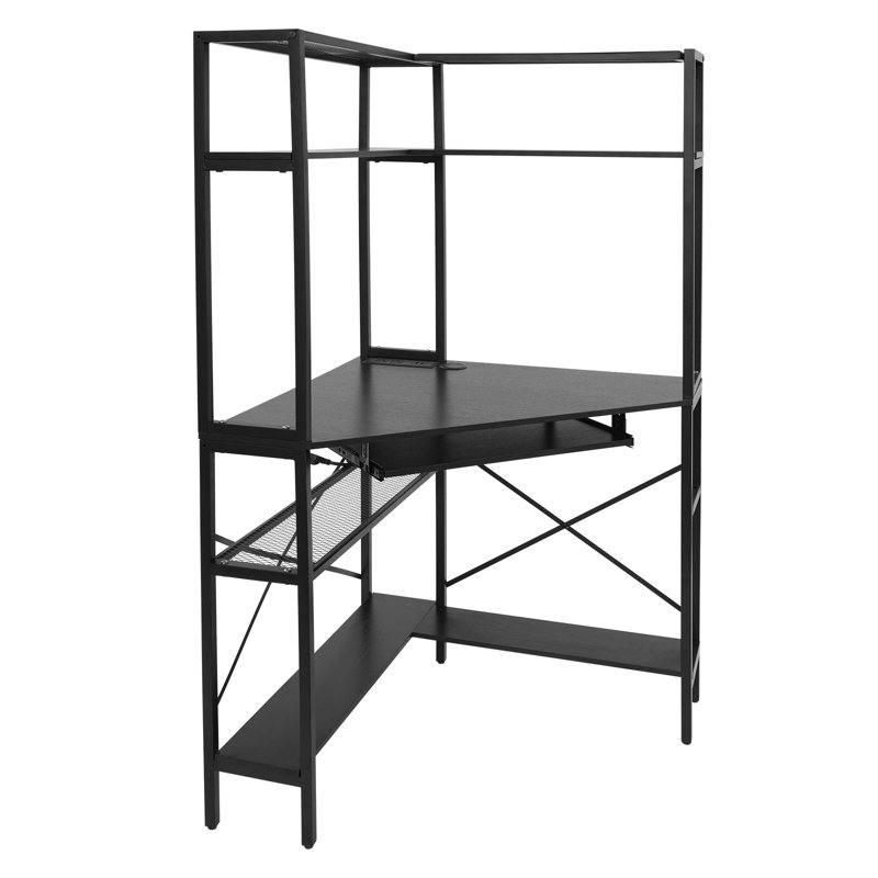 Corner Computer Desk With Power Outlets, Dark Gray/Black