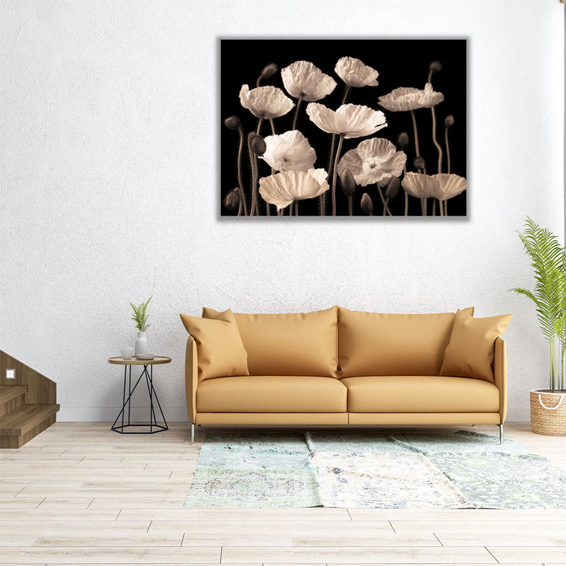 Coquelicots et bourgeons noir et blanc - reproduction d'art sur toile, H 45 po x l 60 po