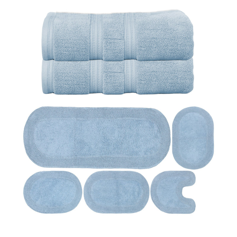 Ensemble de serviettes de bain 2 pièces et de tapis de bain 4 pièces 100% coton Brunk Collection (ensemble de 6), Bleu