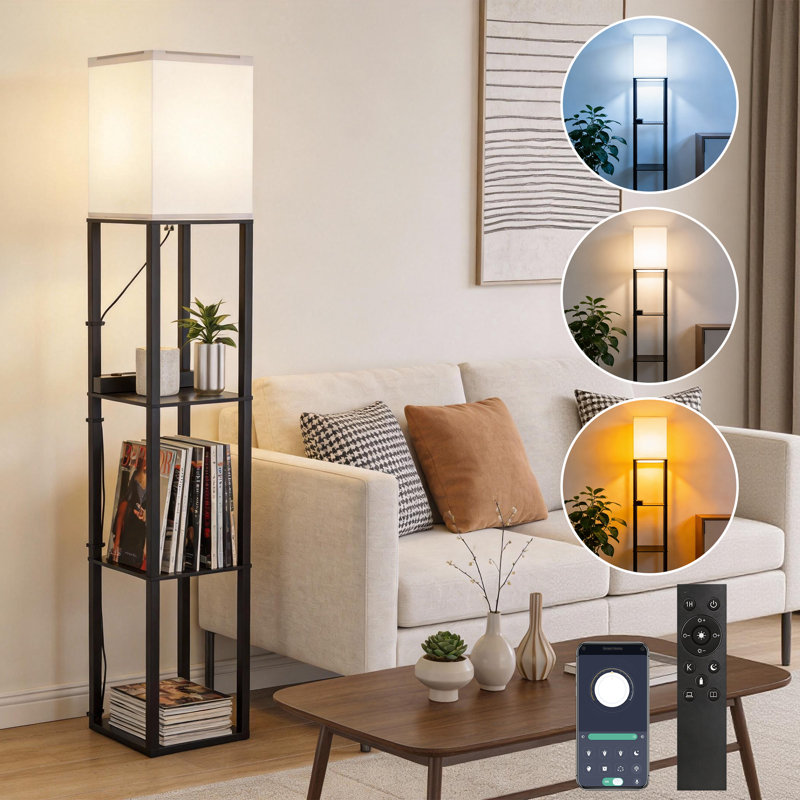 Homechoose Modern Shelf Floor Lamp with USB & AC Outlet, Stepless Dimming, Remote & App Control, 3-Tier Storage, Adjustable 2500K–6000K, Black Walnut Finish
