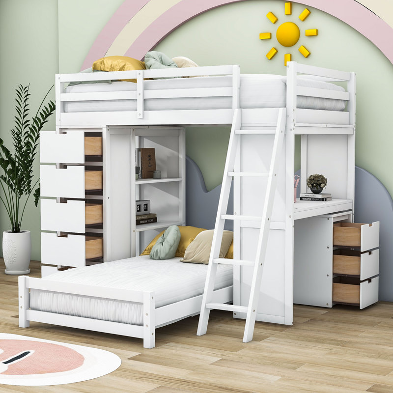 Lit superposé simple en bois 8 tiroirs avec bureau et tablettes Jadarrius Kids, Blanc