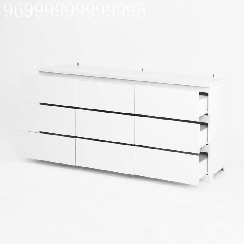 Commode blanche à 9 tiroirs pour la chambre à coucher, commode large moderne sans poignées, commode de rangement en bois pour le salon, couloir, entrée