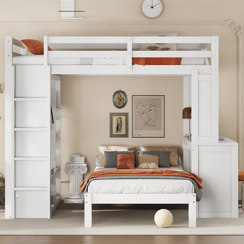 Lit superposé double TG / double, lit superposé en bois massif avec tablettes intégrées et garde-robe