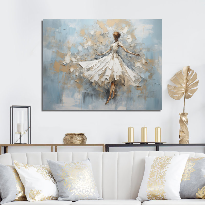 Minimalisme dansant blanc et bleu sur toile, H 44 po x l 34 po x P 1,5 po, Toile tendue