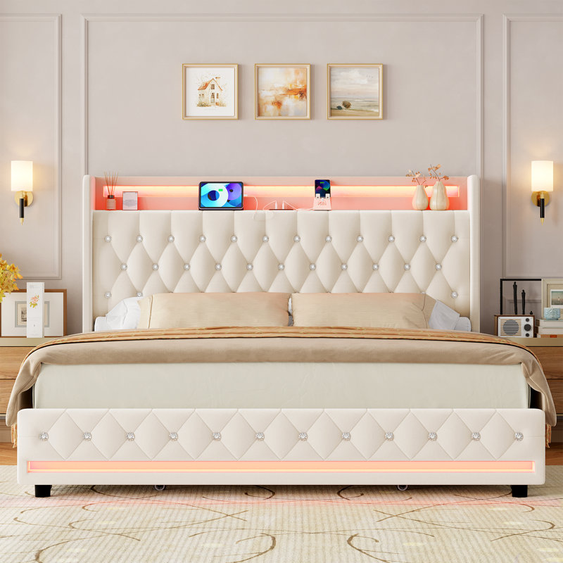 Glastonbury Velvet Upholstered Wingback Storage Bed with LED Lights, Full/Double, Off White