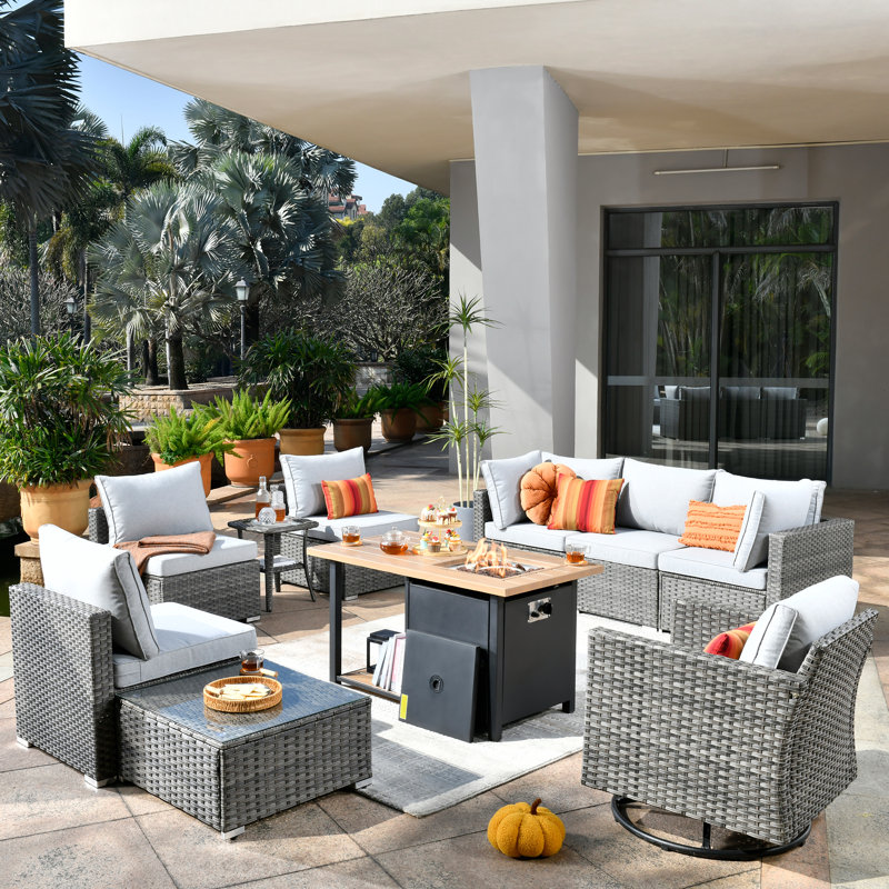 hop Wicker 7 - Person Modular Patio Conversation Set with Cushions, Light Gray