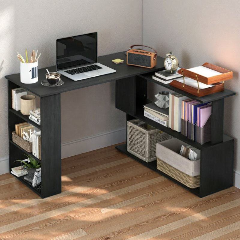 Poste d'écriture, bureau d'ordinateur en coin en L, bureau à domicile rotatif à 360 °, Noir