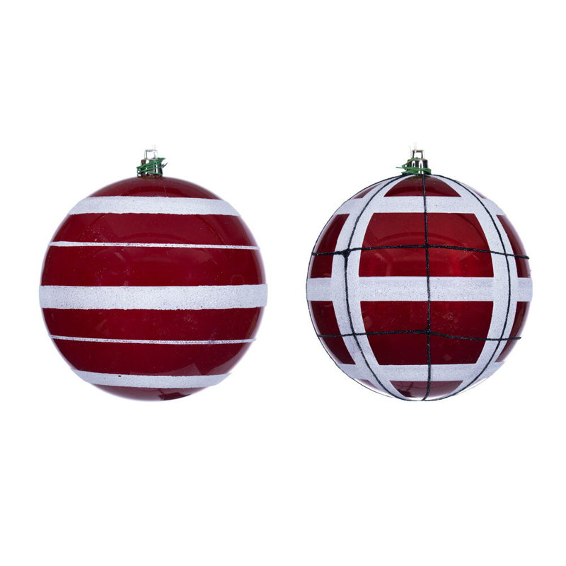 Vickerman Glitter Ornament Assortment. 2 plaid, and 2 horizontal stripes., 4.75" H x 4.75" W x 4.75" D, White