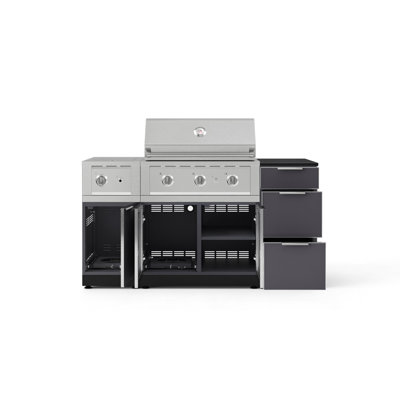 Ensemble d'armoires d'extérieur gris ardoise en aluminium 6 pièces avec 3 tiroirs, armoire de barbecue, gril au gaz naturel 33 po, brûleur latéral et plateau noir Dekton 16 po