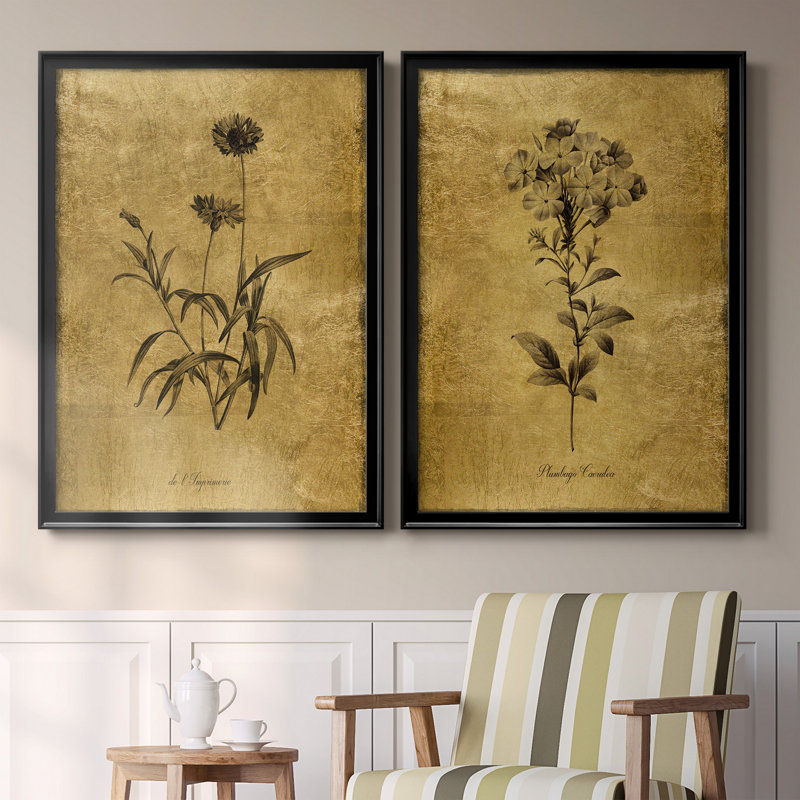 Gold Botanical Sketch Print on Canvas with Black Frame
