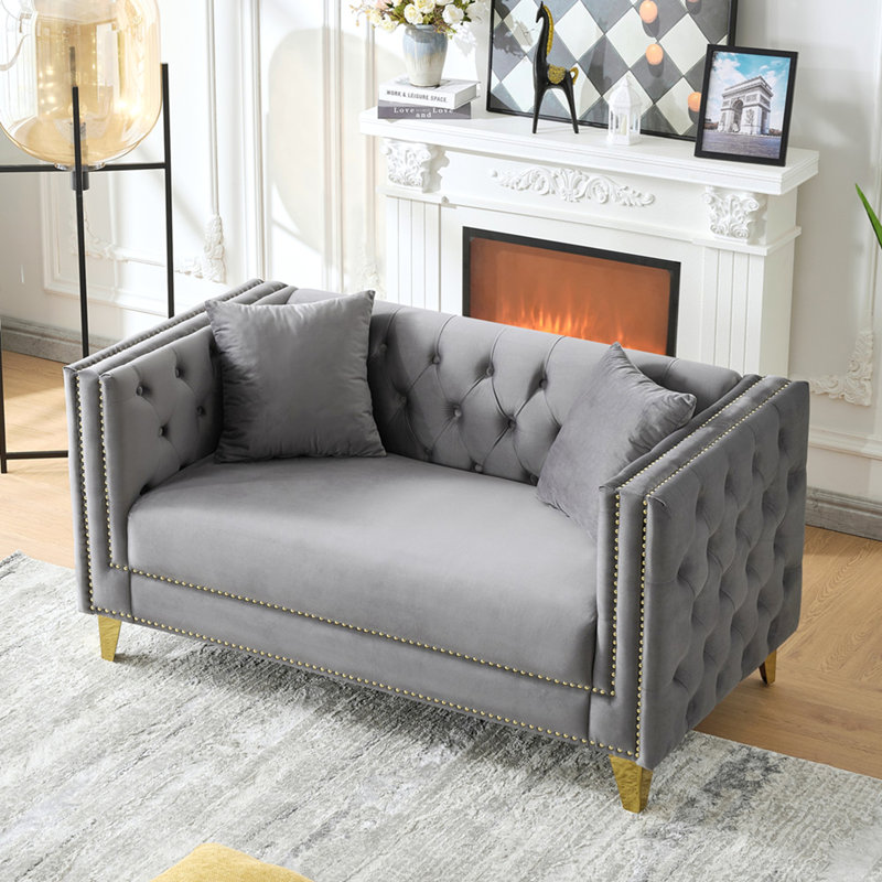 Canapé 58 po en velours Chesterfield de 58 po, canapé à 2 places à siège profond, canapé moderne avec têtes de clou à boutons, accoudoirs carrés, meubles