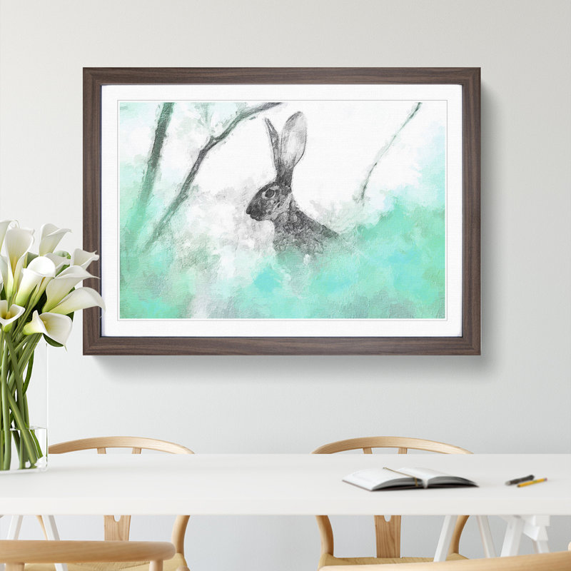 FRM-B-1272X The Alert Hare in Green - Picture Frame Painting, Walnut Framed, 48cm H x 65cm W x 2cm D