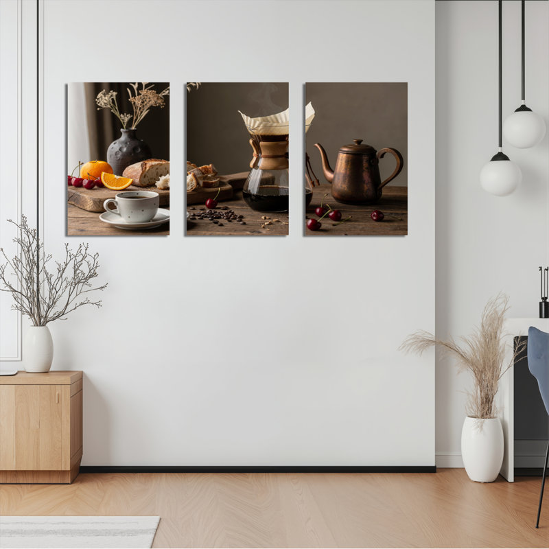 «Coffee And Breakfast Still Life», ensemble de 3 reproductions d'art sur toile tendues sur toile, 2436