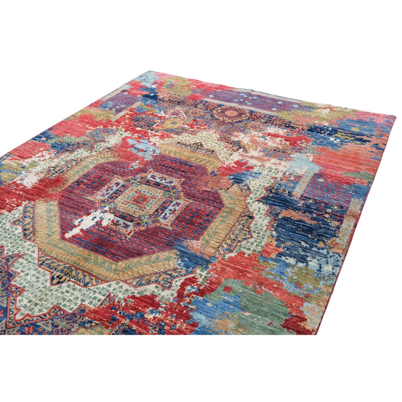 High-Quality Hand-Knotted Red And Navy Area Rug