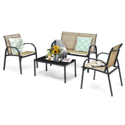 4-Piece Patio Furniture Set With 2 Chairs & Glass Coffee Table-Brown