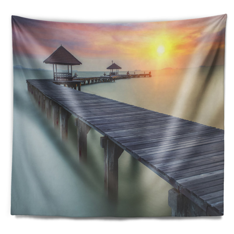 Grand pont en bois seascape de pilier dans le tapisserie du soleil, H 50 po x l 60 po
