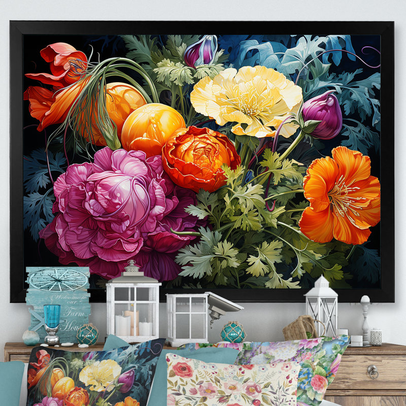 Décoration murale fantaisiste - Fleurs, H 12 po x l 20 po x P 1 po, Cadre simple noir