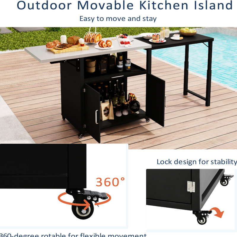 Versatile Outdoor Storage With Folding & Expandable Features, Matte Black Cabinet Cabinet: Foldable Table, Iron Panel, Spacious Storage,