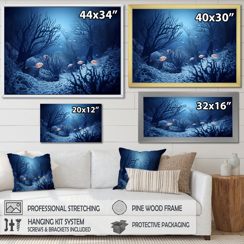 Art sous-marin bleu et noir sous-marin, H 34 po x l 44 po x P 1,5 po, Cadre flottant noir