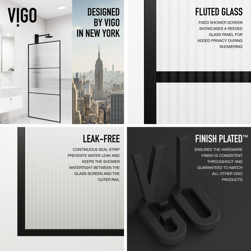 Divide 34" W x 74" H Fixed Framed Shower Screen with 3/8" Striped Glass, Matte Black Fluted