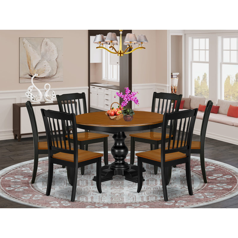7-Piece Solid Wood Kitchen Set Consists a Oval Dining Table with Extension Leaf and Pedestal Legs, 6 Wooden Chairs, Slatted Back, Easy Assemble, Black Finish