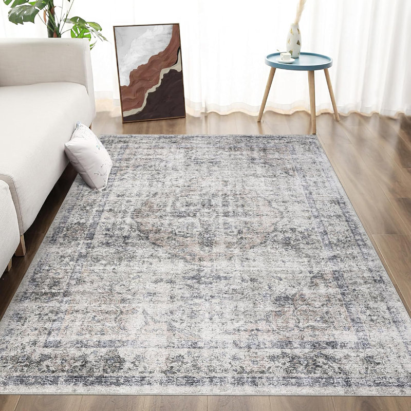 Washable Floral Rug Thin Non-Slip Low Pile Area Rug Stain Resistant Foldable Space-Saving Carpet Mat for Entryway Beige