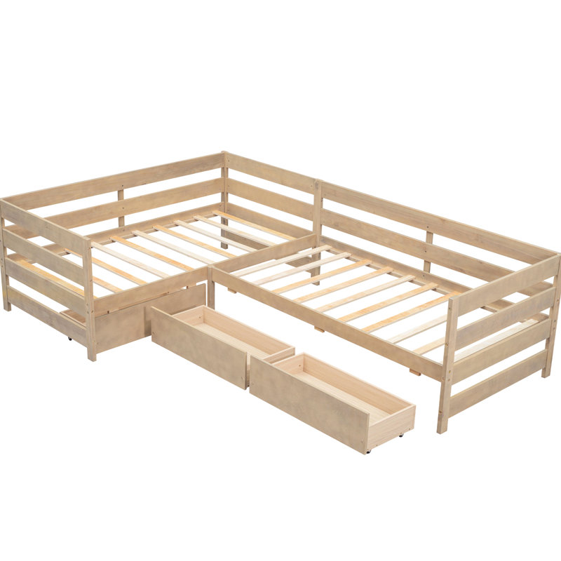 Lit simple en forme de L naturel - Structure et plateforme de rangement supplémentaire pour économiser de l'espace de style moderne