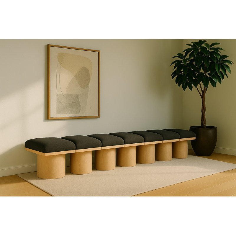 Banc rembourré Horatia, Tissu brun bouclé, Naturel, H 17,5 po x l 108,5 po x P 18 po