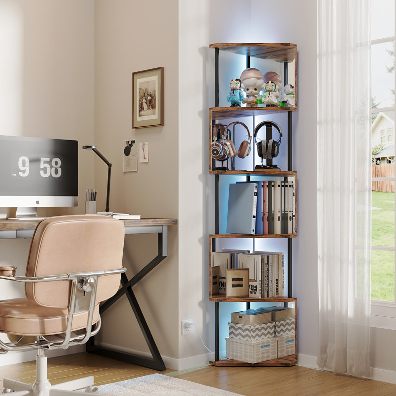 6-Tier Industrial Corner Bookshelf With LED Lights & Mirror Shelves For Living Room, Bedroom, Brown
