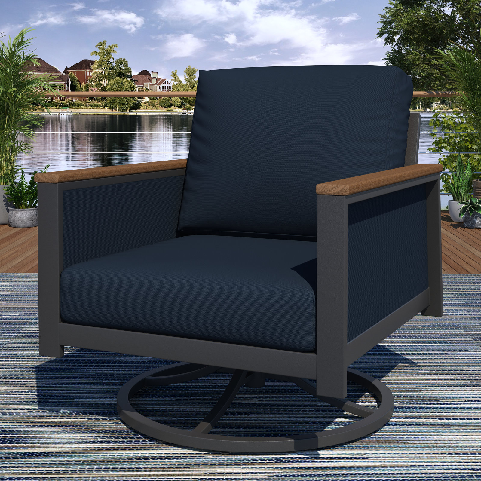 Stimson Sunbrella® Swivel Patio Rocking Chair, Canvas White/Voyage Dune Fabric, Dark Gray
