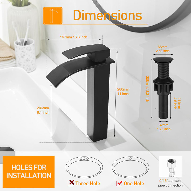 Robinet pour salle de bain à poignée simple avec drain, Noir mat