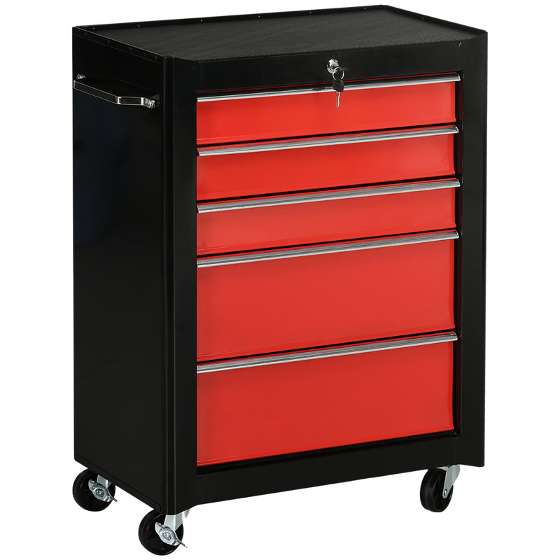 HOMCOM 5-Drawer Lockable Steel Tool Storage Cabinet Tool Chest Red