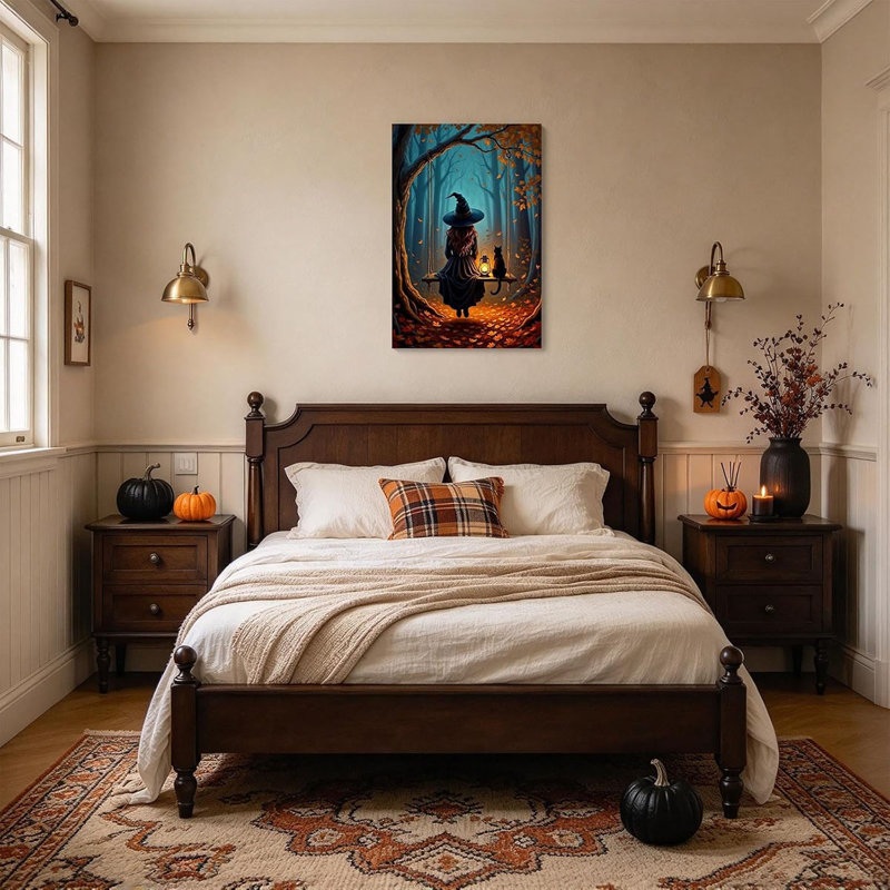Fantasy Witch Canvas Wall Art Gothic Autumn Forest Black Cat Painting