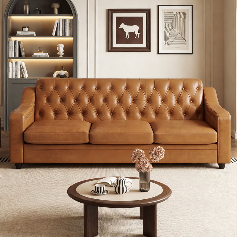 Mid-Century Modern 78.7" Leather Sofa, Tufted Upholstered 3 Seater Couch With High Back & Nailhead Trim, Chesterfield Sofa For Living Room Bedroom Apartment Office