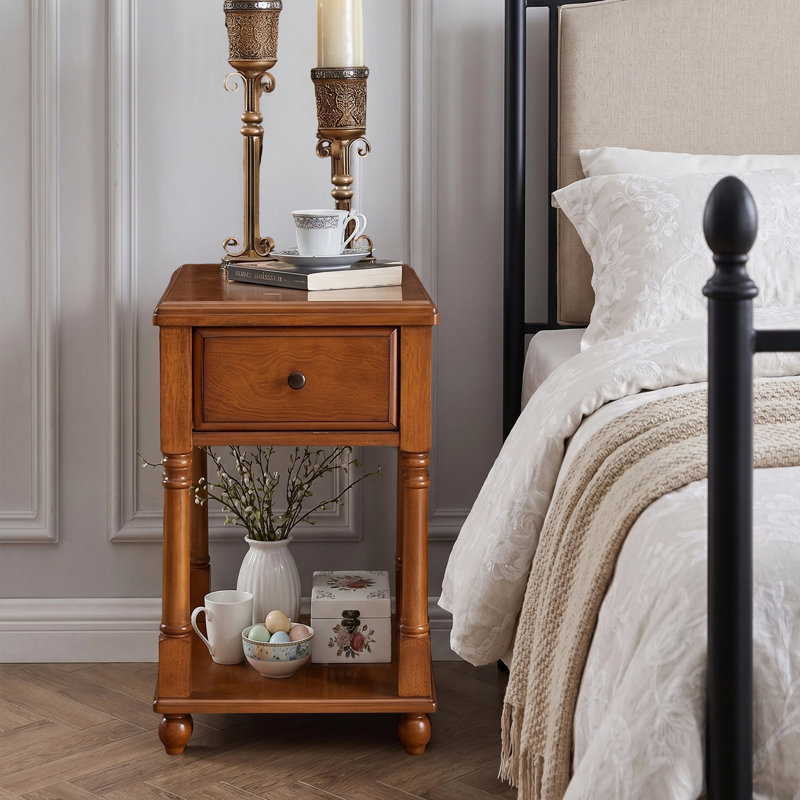 End Table with Drawer and Shelf for Small Spaces, Solid Wood Side Table for Living Room
