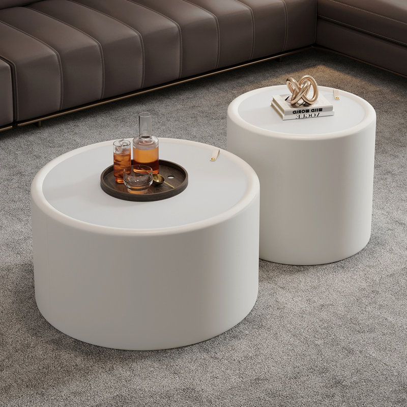 Table basse ronde blanche avec plateau en verre trempé, corps en cuir PU et rangement caché pour le salon, table d'appoint moderne
