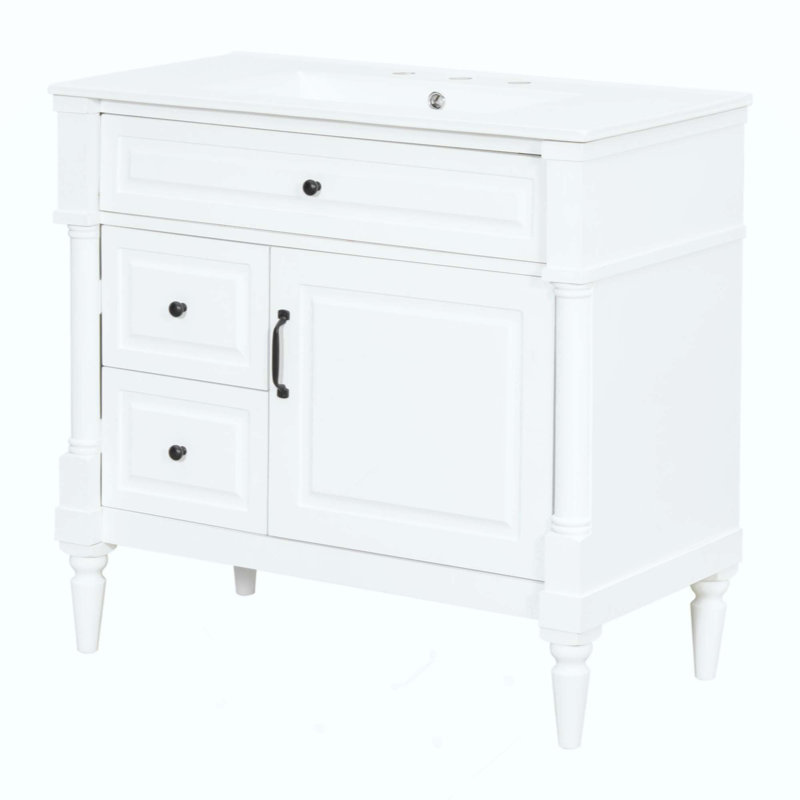 Meuble-lavabo de salle de bain avec lavabo, armoire de salle de bain autoportante avec lavabo en céramique, tiroir rabattable, tablette réglable, structure en bois d'hévéa et panneaux de fibres à densité moyenne, finition peinte à poignées en métal