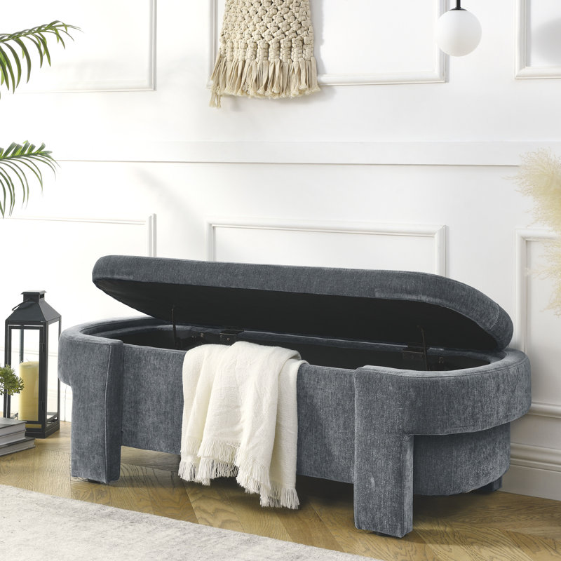 Banc de rangement en chenille de 51,5 po x 20,5 po x 17 po, gris, spacieux et confortable, sans assemblage requis pour la chambre et le vestibule