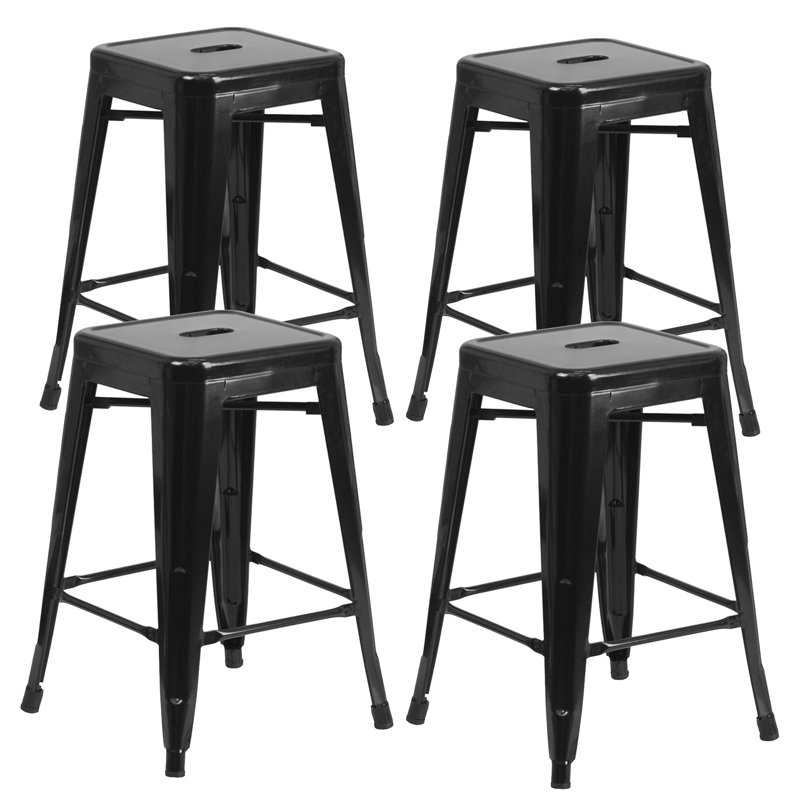 Tabouret de comptoir 24 "avec structure en métal, ensemble de 4 tabourets de bar intérieur / extérieur, Noir, 4