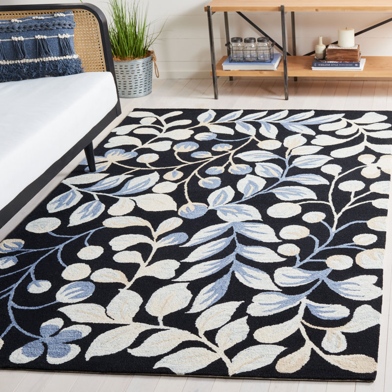 Jardin Tufted Wool Cotton Floral Rug in Ivory/Black, Rectangle 5' x 8'