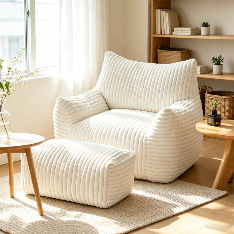 Canapé avec repose-pieds Corduroy Lazy, Blanc