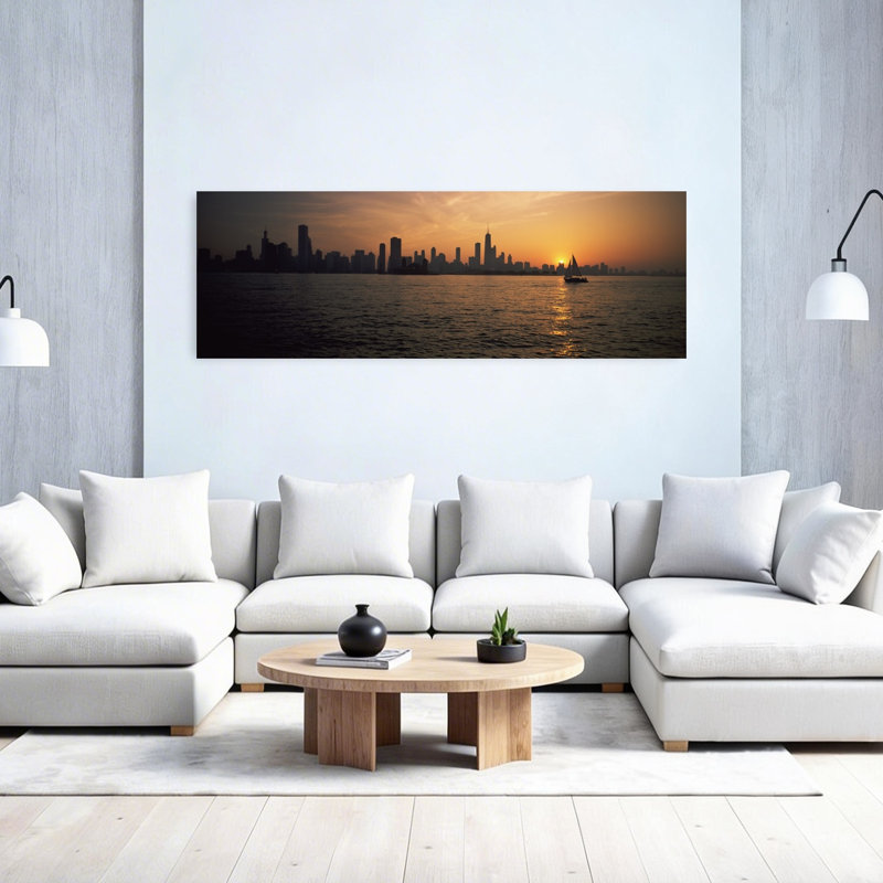 Silhouette de bâtiments au bord de l'eau, jetée marine, Chicago, Illinois, paysage urbain abstrait, art mural