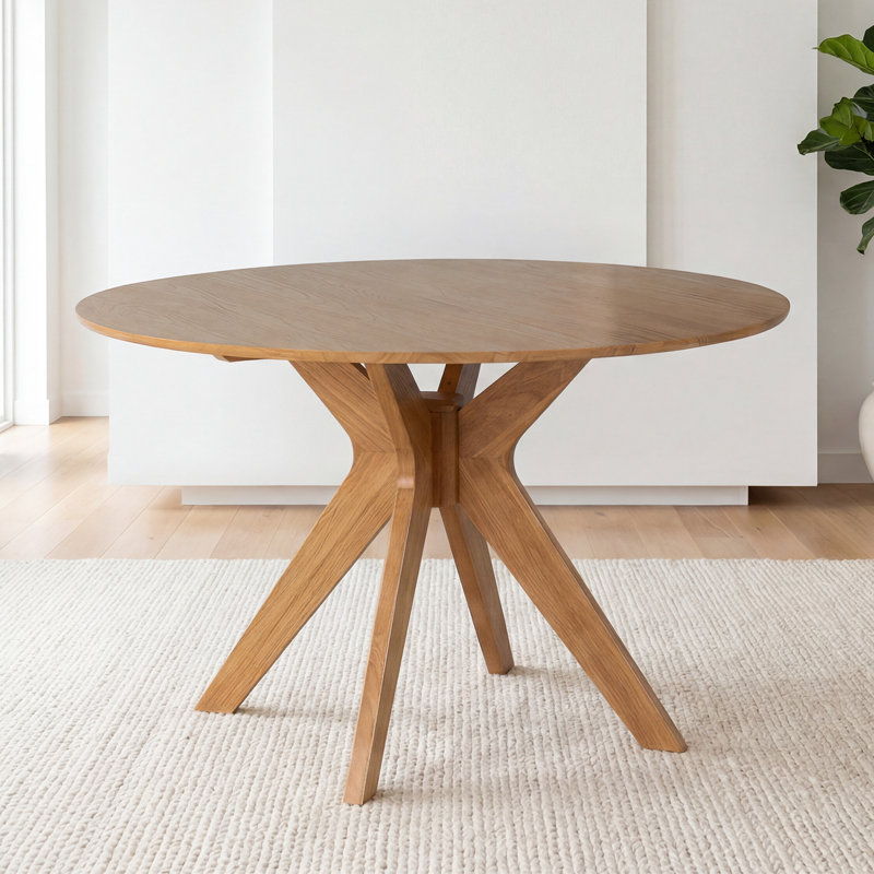 Xavion Mid-Century Solid Wood 48'' Round Dining Table, XVT-41, with Sculpted Splayed Leg Base, Honey Oak, Honey Oak