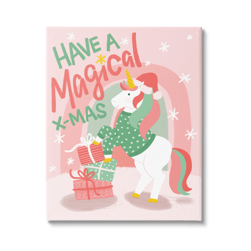 Magie de Noël, licorne rose, arc-en-ciel, cadeaux de Noël, art numérique sur estampe numérique par Emmakisstina, Toile tendue