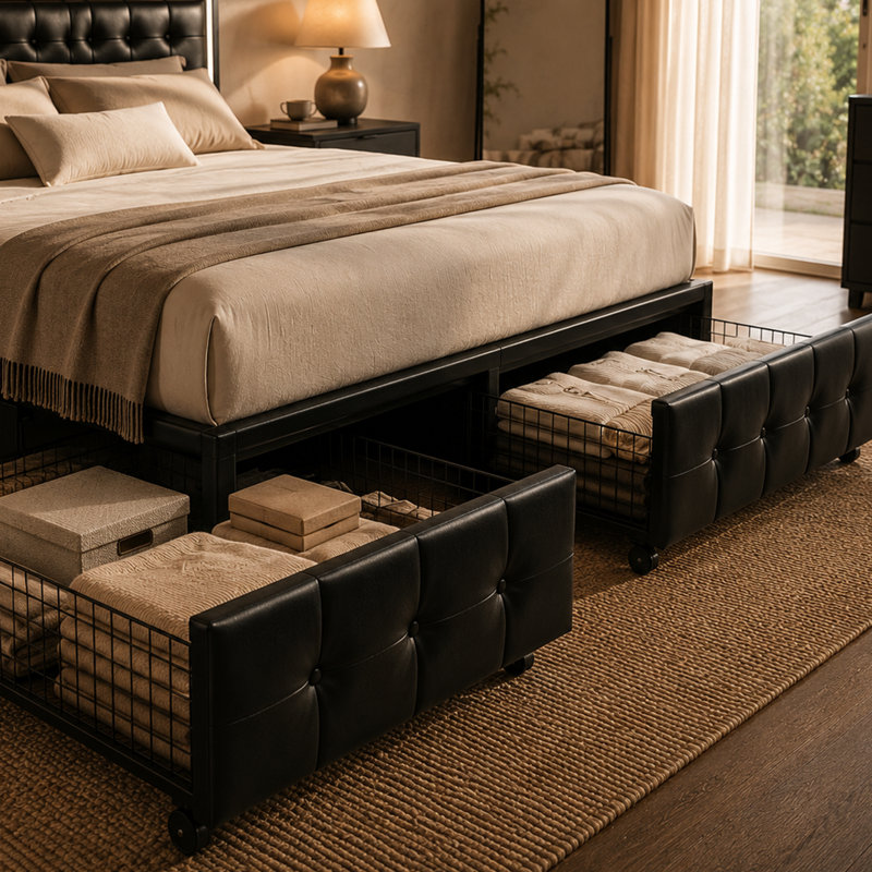 Led Bed Frame With 4 Storage Drawers, Smart Control RGB LED Lights On  Headboard,With Remote Control, Upholstered Adjustable Headbaord