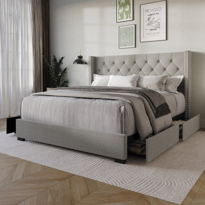 Murphy Shaped Solid Wood Bookcase Bed Frame With Bookcase Headboard and 4 Drawers