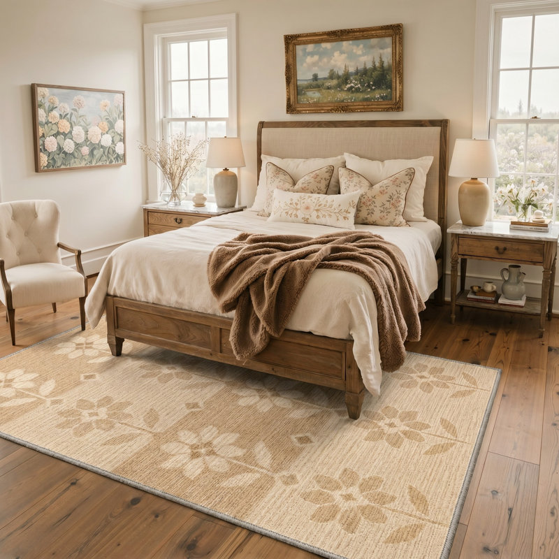 Tapis floral brun clair / ivoire lavable à la machine avec envers antidérapant, Rectangle 9 pi x 12 pi