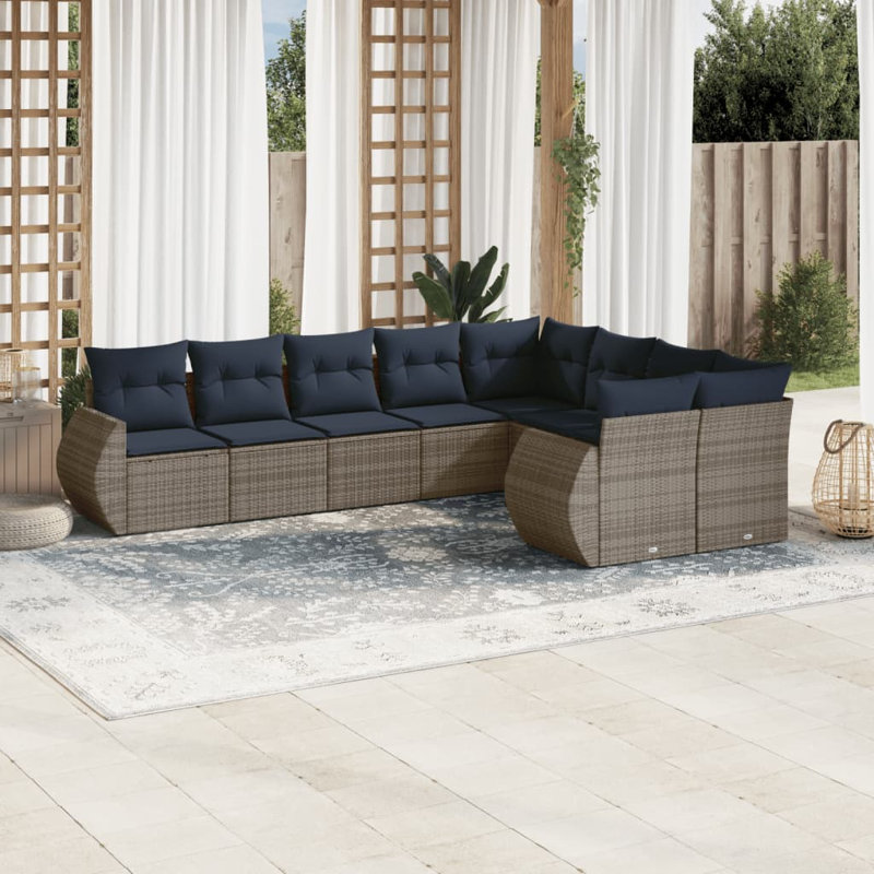 Ensemble de canapé de patio 10 pièces avec coussins en rotin de polyester, Coussin bleu marine / structure grise