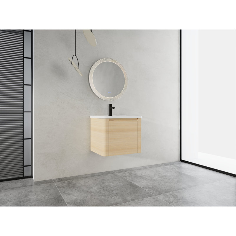 Meuble-lavabo mural avec lavabo | 24 x 18,8 x 20 | Contreplaqué | 1 pièce | Meuble-lavabo de salle de bain | Chêne blanc Ameican | Conception murale peu encombrante